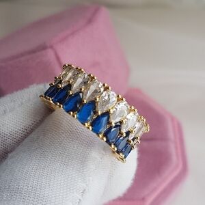 Swarovski Elements Gold Clear & Royal Blue Teardrop Eternity Band Ring NEW